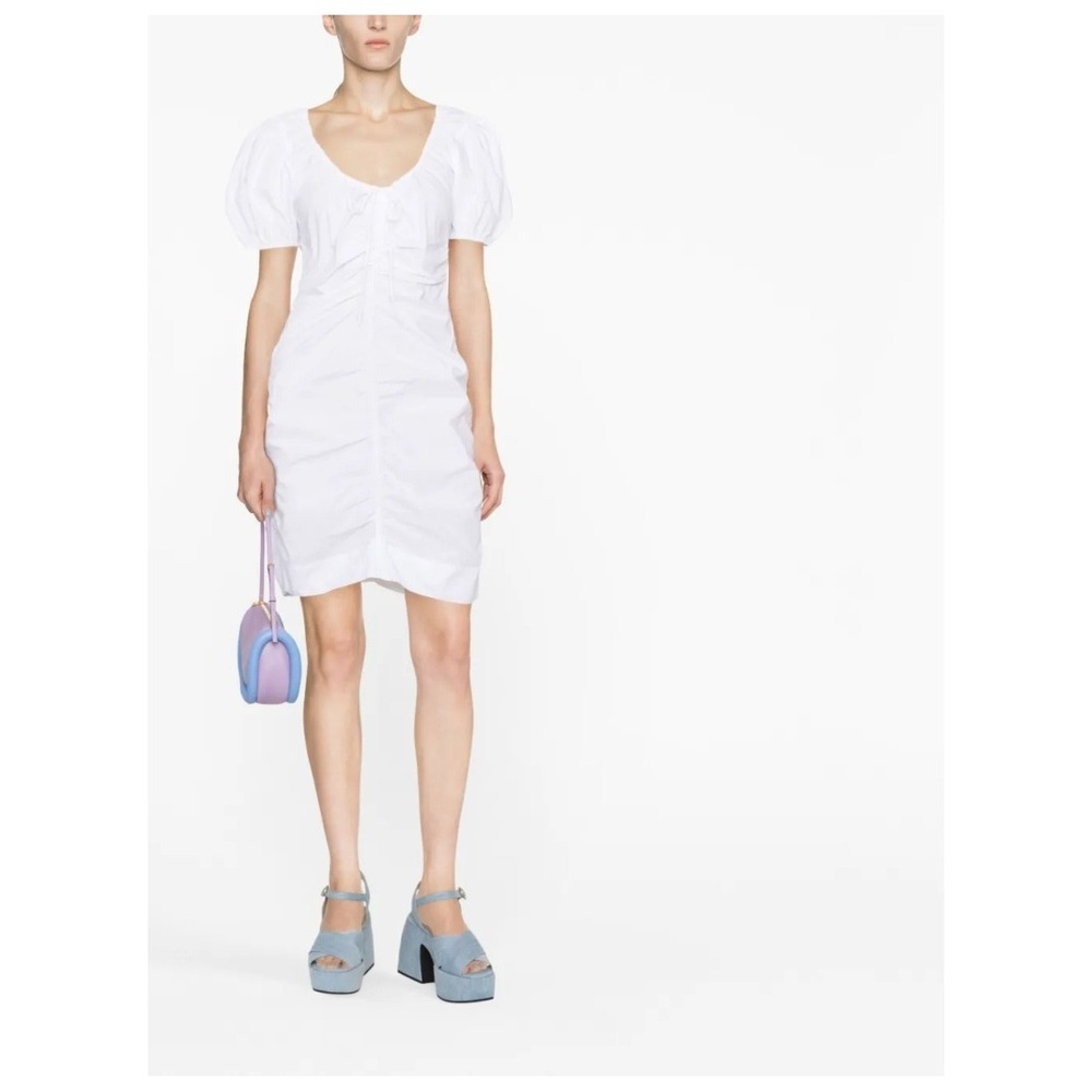 Ganni Ruched Poplin Mini Dress‎ White Puff Sleeve Organic Cotton Bodycon Size L